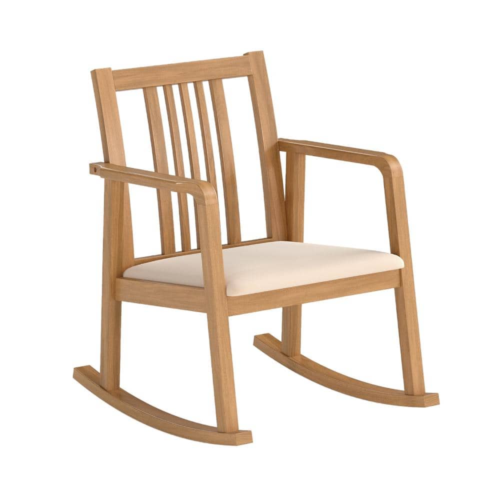 28 in. Rubber Wood Patio Rocking Chair with Linen Cushion, Slatted Back and 400 lb. Capacity, Natural
