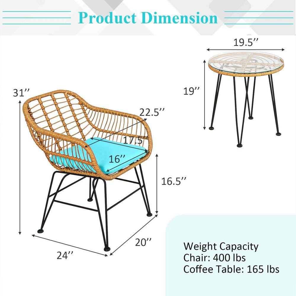 Turquoise Cushioned Rattan Armchair Set with Glass Table