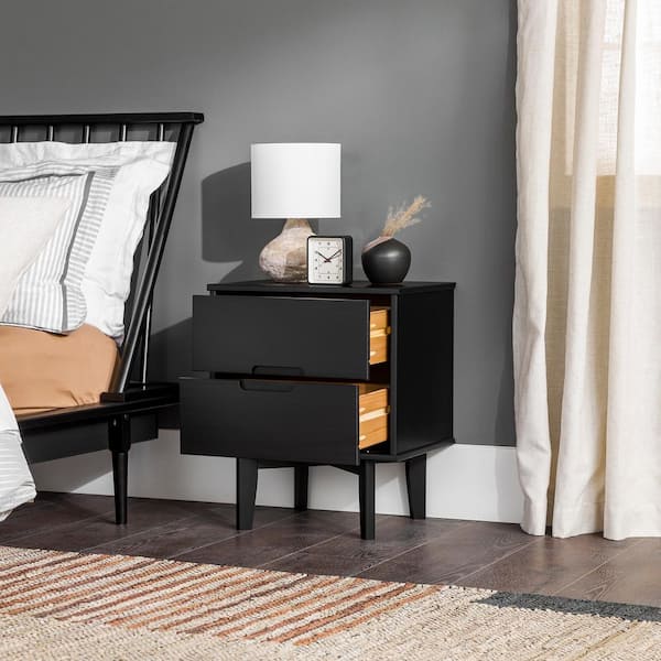 Sloane 2-Drawer Black Mid-Century Modern Solid Wood Nightstand
