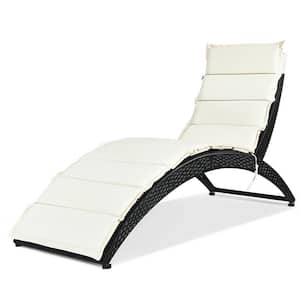 Folding Wicker Outdoor Chaise Lounge Ergonomic Design with Beige Removable Cushions