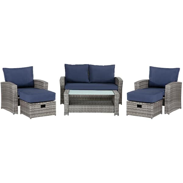 Sudzendf 6-Piece Outdoor PE Wicker Furniture Set, Patio Conversation Set with Blue Cushions