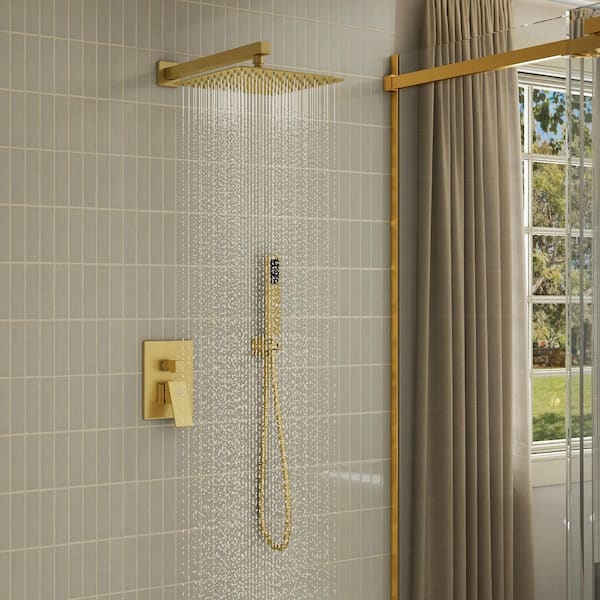 2-Spray 10 in. Square Wall Mount Dual Shower Heads with Hand Shower Faucet 2.5 GPM in Brushed Gold (Valve Included)