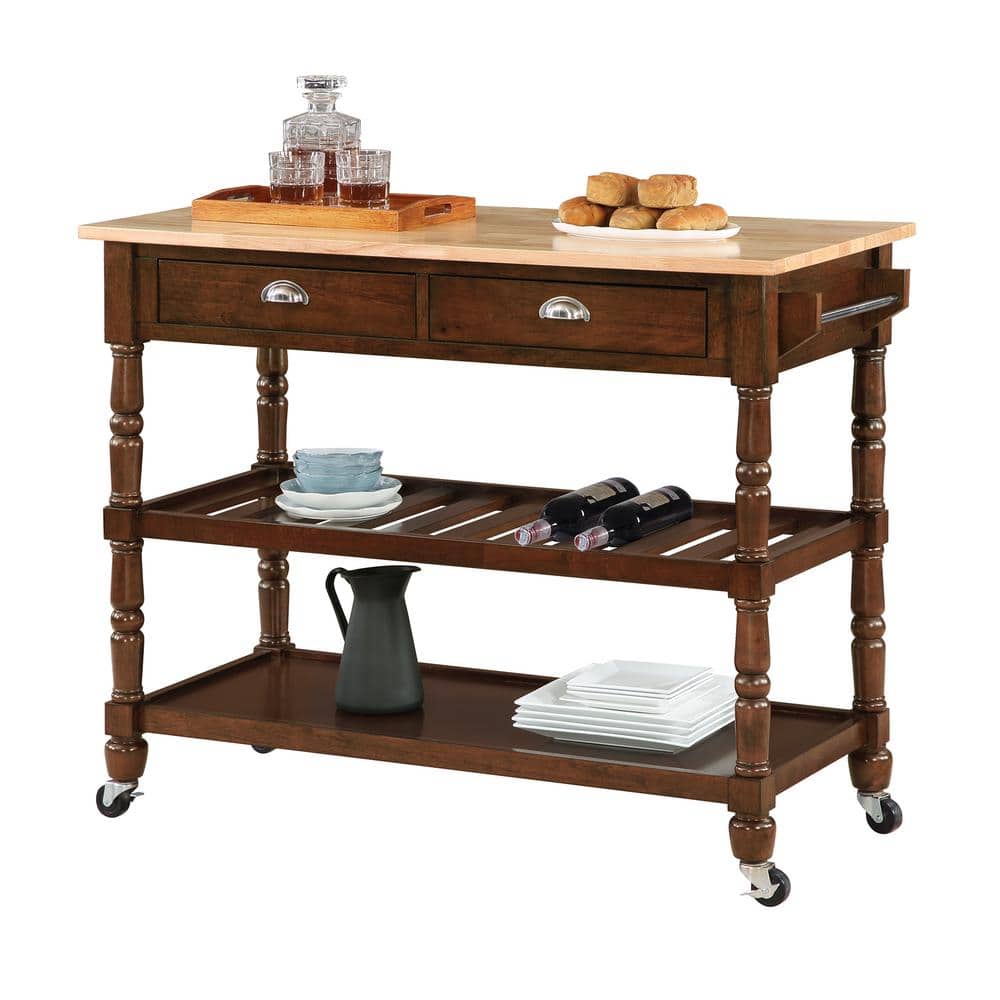 Espresso Solid Wood Butcher Block Kitchen Cart with Wine Rack