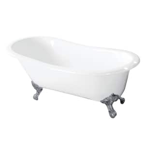 54 in. Cast Iron Slipper Clawfoot Bathtub in White with 7 in. Deck Holes, Feet in Polished Chrome