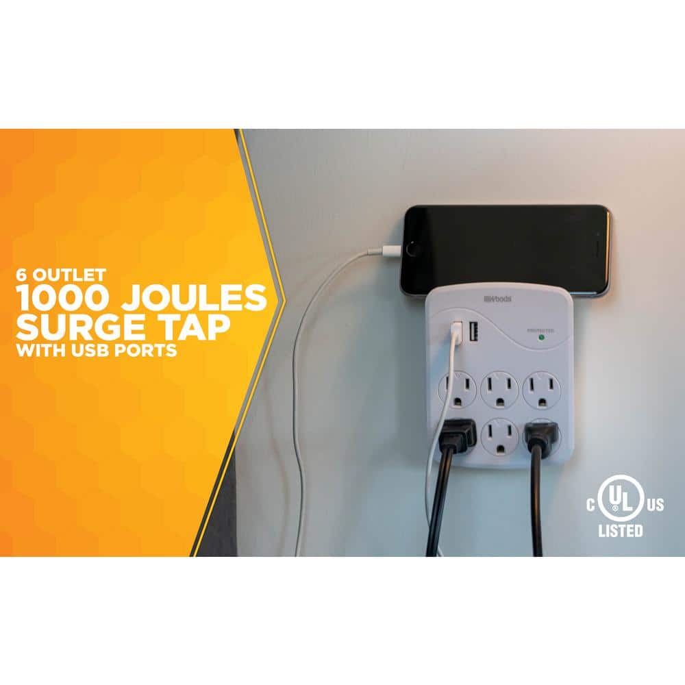 White 6-Outlet Surge Protector with 2 USB Ports