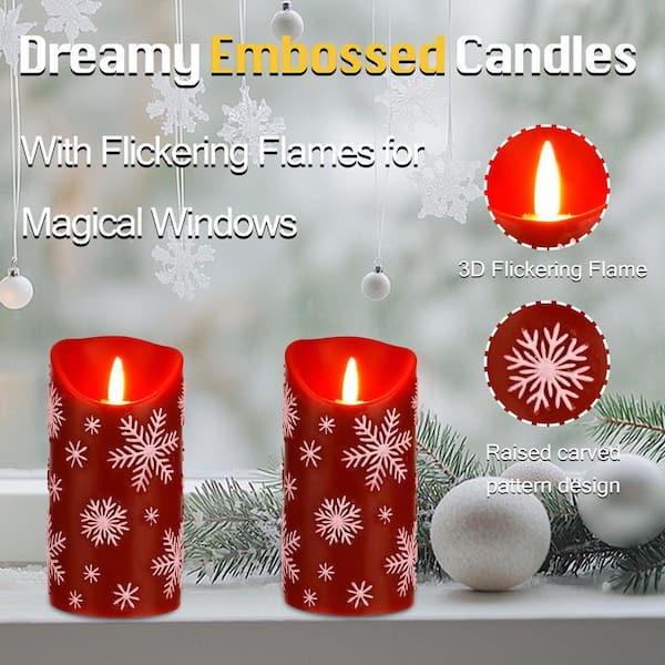 Red Embossed Snowflake Real Wax LED Candles-Flameless Flickering