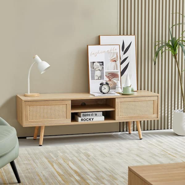 Zeus & Ruta 55.12 in. Rattan TV Cabinet in Natural, Double Sliding Doors for Storage, Adjustable Shelf For Living Room