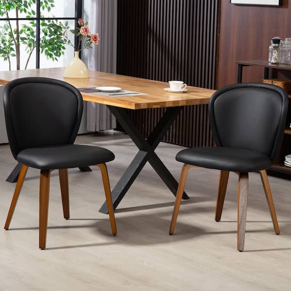 Glamour Home Bexter Black Faux Leather Dining Chair with Walnut Wood Legs Set of 2