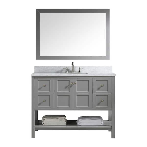 Magic Home 48 in. W x 22 in. D Bath Vanity Cabinet Set in Gray with Marble Vanity Top in White with White Basin and Mirror