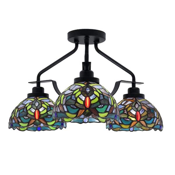 Unbranded Zara 18 in. 3-Light Matte Black Semi-Flush with 7 in. Kaleidoscope Art Glass Shades No Bulbs Included