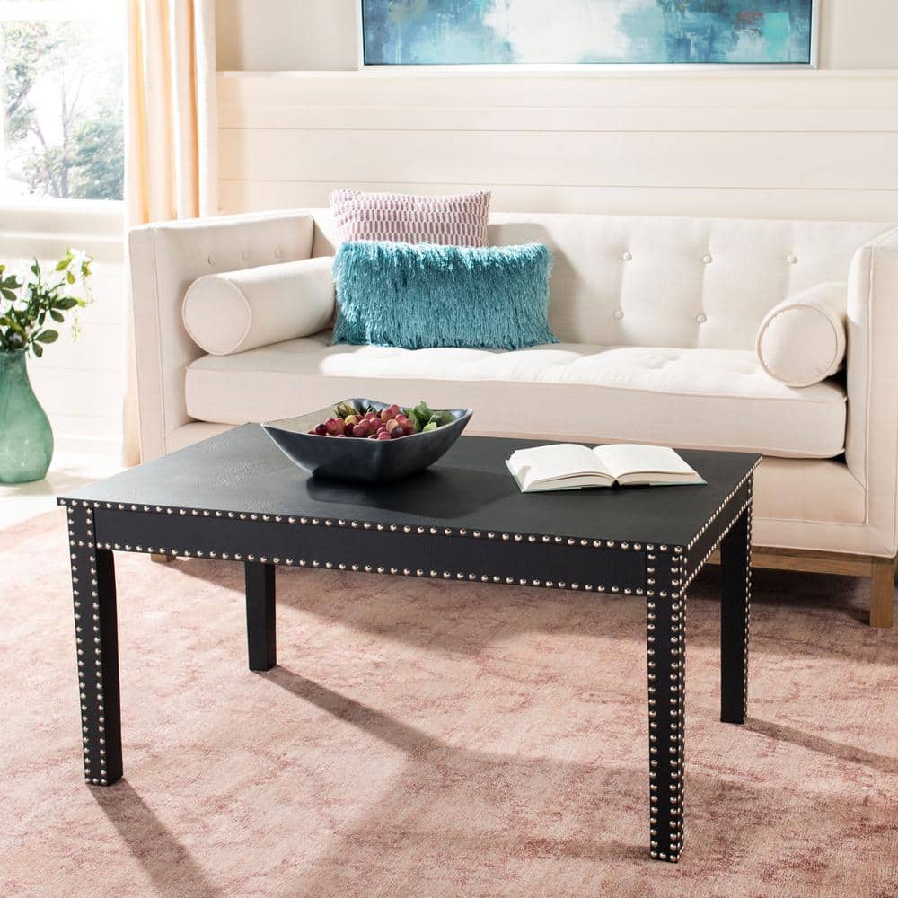 Crispis 24" Black Wood Rectangular Coffee Table with Silver Nailhead Trim