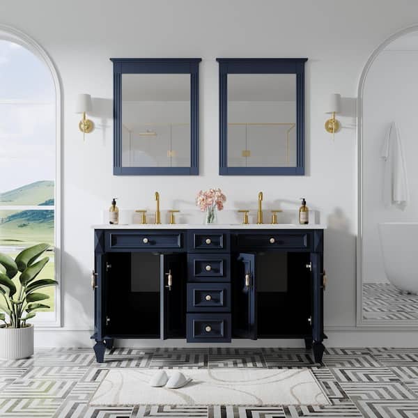 60 in. W x 22 in. D x 35 in. H Double Sink Solid Wood Bath Vanity in Navy with Stain-Resistant Quartz Top and 2 Mirror