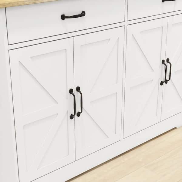 FUNKOL 42.72inx15.35inx32.09in MDF Ready to Assemble Kitchen Cabinet in White with 3 Drawers and 3 Cabinet Doors with X's