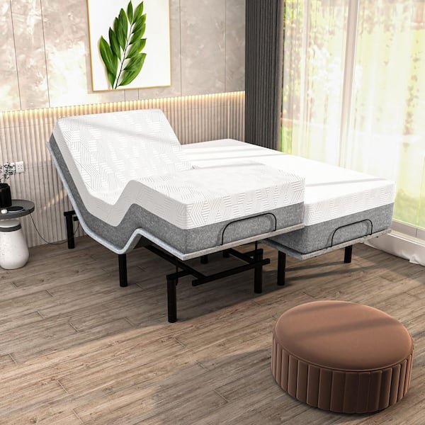 Renanim Gray Split-King Adjustable Bed Frame USB, APP, Massage, Head/Foot Incline, Under Bed Light with 14 in. Hybrid Mattress