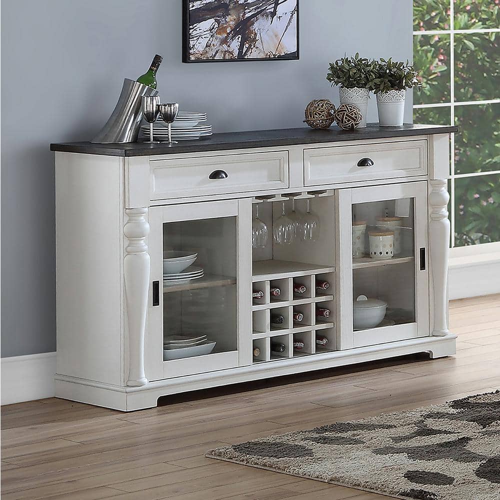 Ivory Mocha Transitional 60" Farmhouse Sideboard with Wine Storage