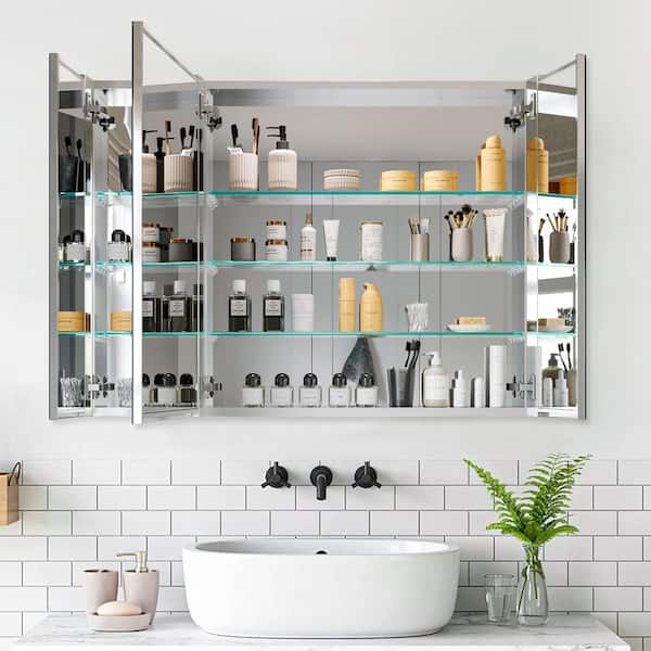 40 in. W x 30 in. H Rectangular Aluminum Alloy Medicine Cabinet with Mirror and Adjustable Shelf, Triple Swing
