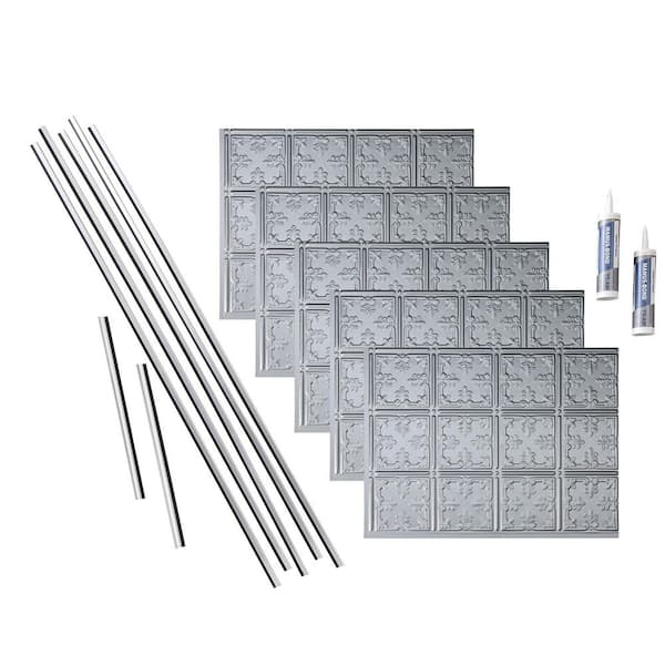 Fasade Traditional 10 18 in. x 24 in. Argent Silver Vinyl Decorative Wall Tile Backsplash 15 sq. ft. Kit