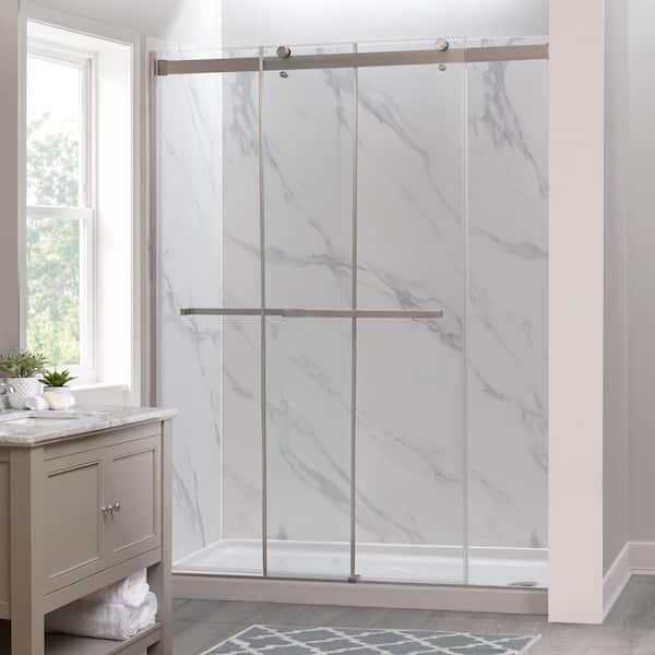 CRAFT + MAIN Lagoon 60 in. x 76 in. Right Drain Alcove Shower Kit in Carrara White and Silver Hardware