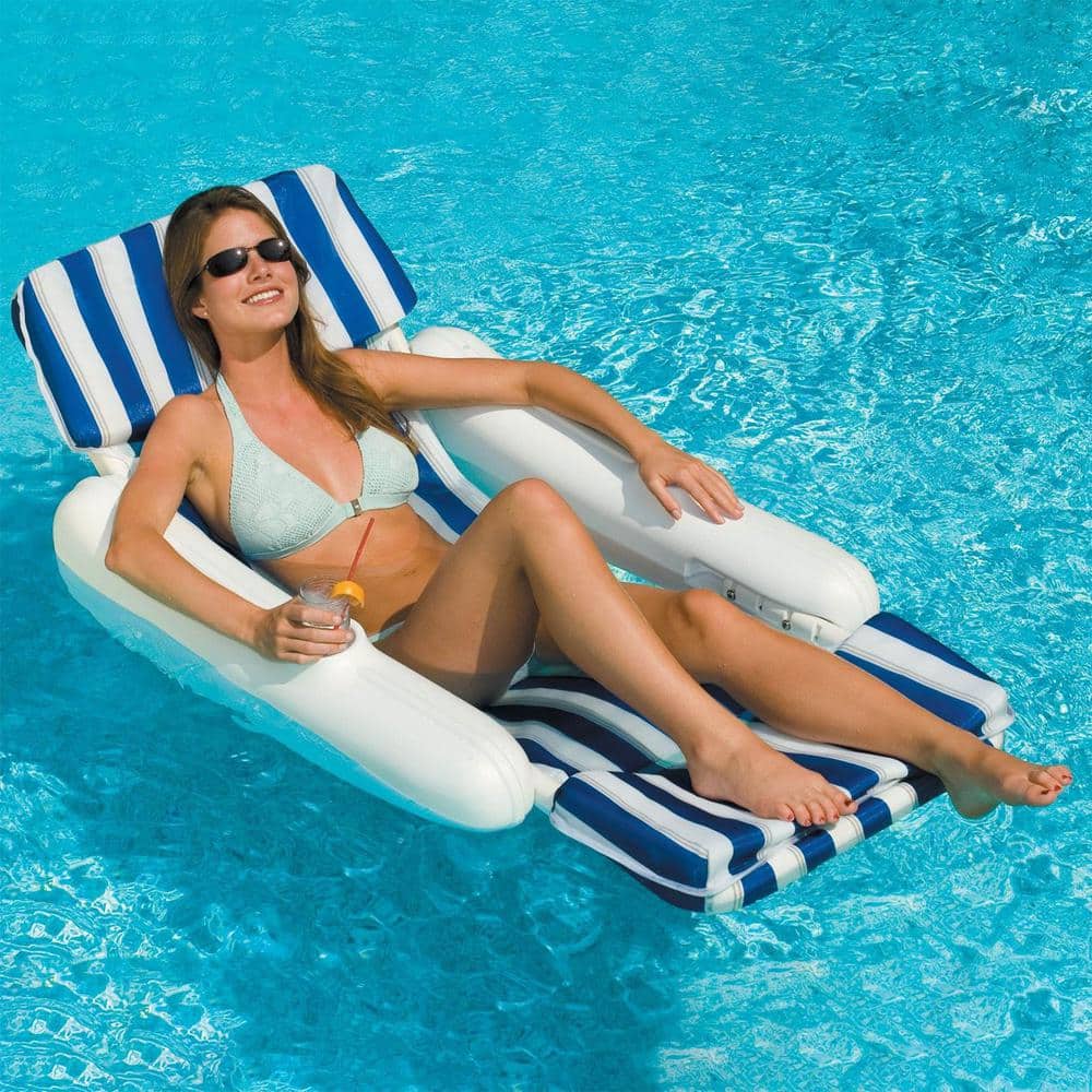 Blue and White Striped Padded Floating Pool Lounger with Cup Holders