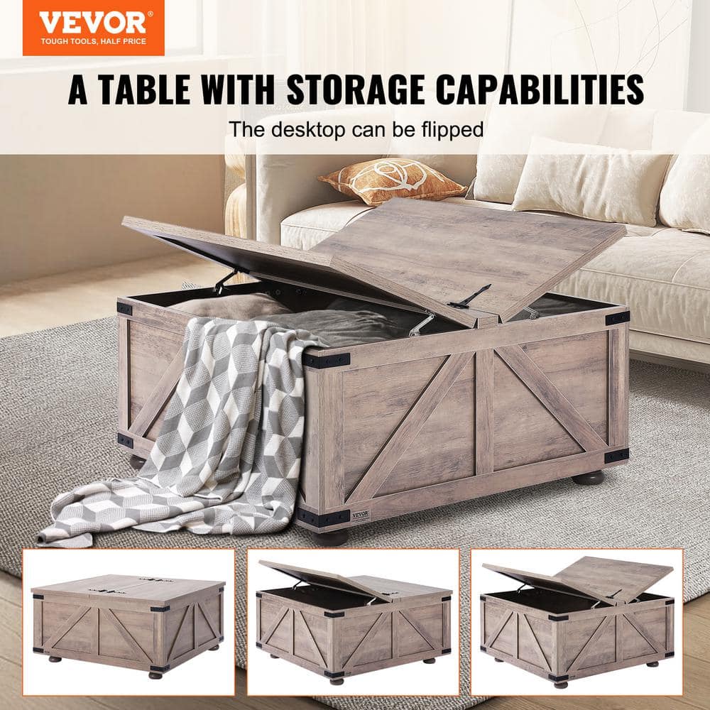 Gray-Brown Wood Square Lift-Top Coffee Table with Storage