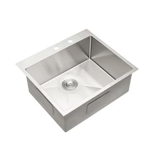 Loile 25 in. L Drop In Single Bowl 16-Gauge Brushed Nickel Stainless Steel Kitchen Sink with Grid, Rack and Strainer