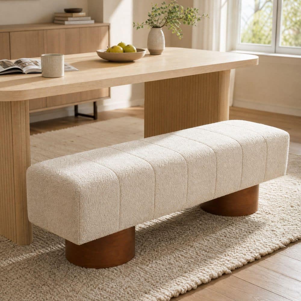 Rigny Rigny 61.02 in. Rectangle Beige Boucle Upholstered Indoor Bench Ottoman