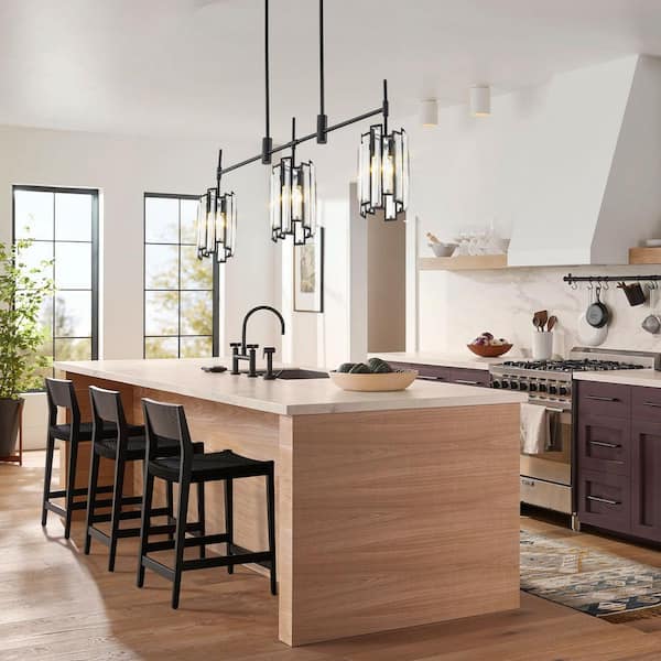 Laga 3-Light Modern Glam Linear Black Kitchen Island Pendant Light with Crystal Shade, No Bulbs Included
