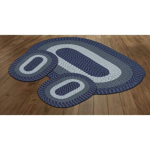 Country Braid Collection 3-Piece Dark Blue Stripe 100% Polypropylene Reversible Area Rug Set - (20"x30"/36"x60"/20"x30")