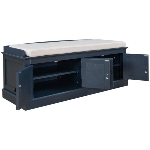 URTR Antique Navy Storage Bench w/ 4-Doors & Adjustable Shelves