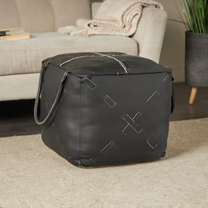 19 in. Black Leather with Woven Straps and Handles Pouf