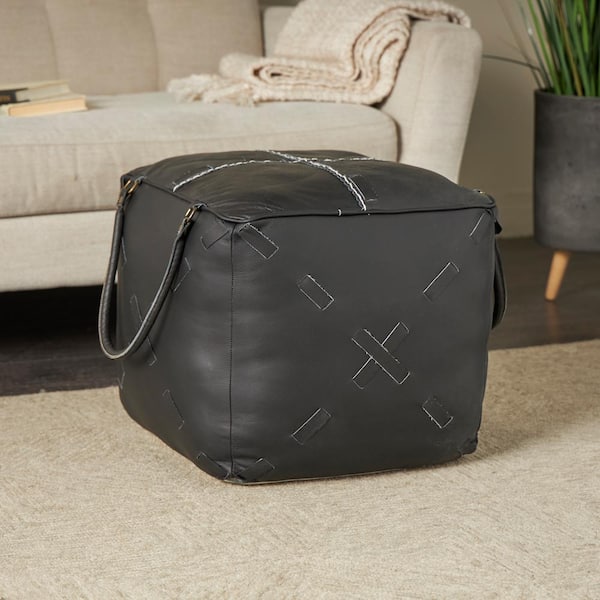 Litton Lane 19 in. Black Leather with Woven Straps and Handles Pouf