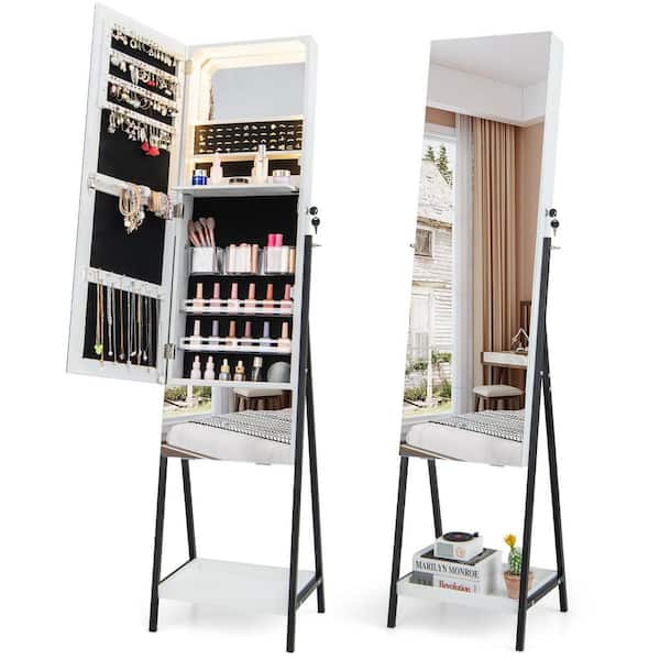 16 in. x 65 in. White Freestanding Lockable MDF Jewelry Armoire Organizer Box with Frameless Mirror