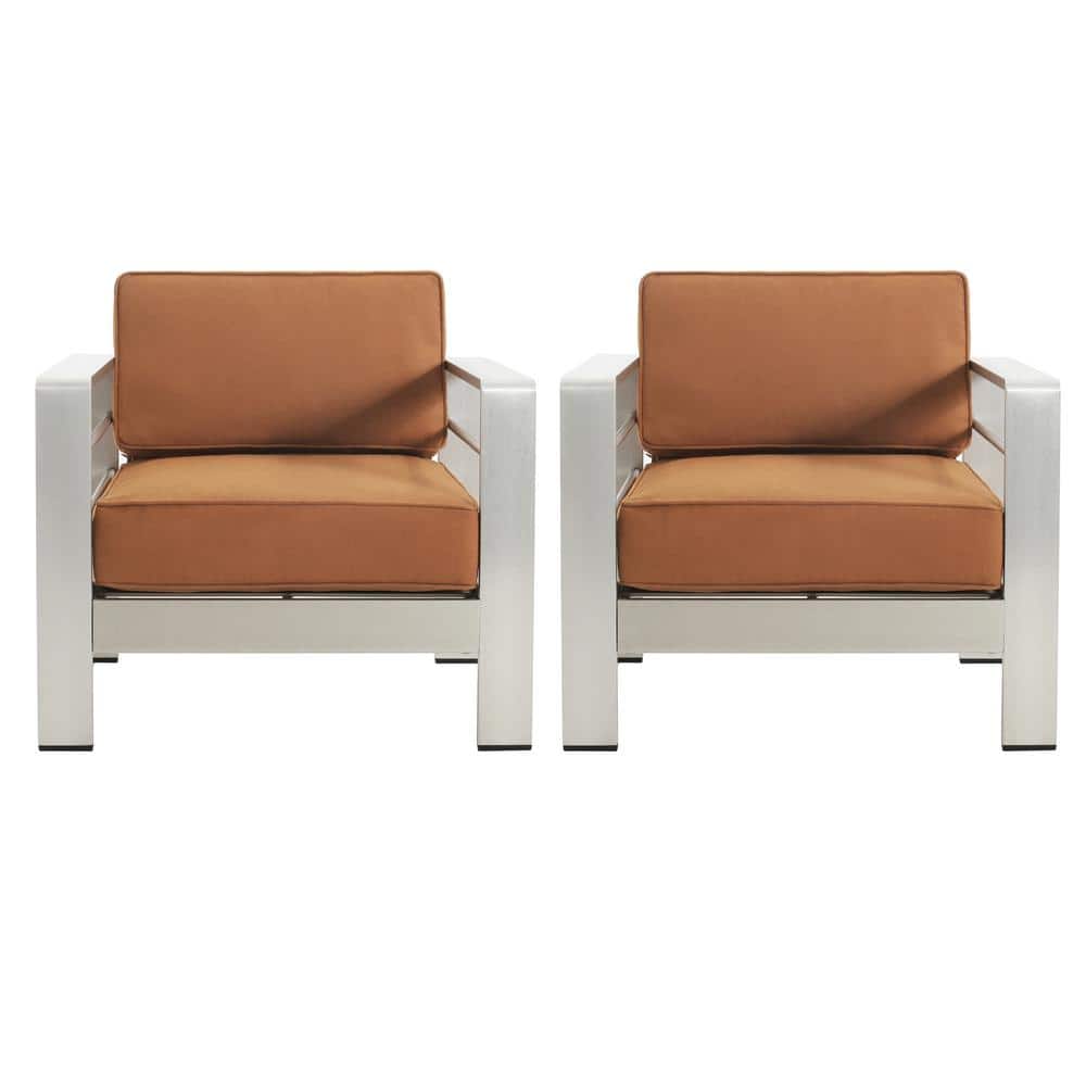 Silver Aluminum Outdoor Club Chair Set with Orange Cushions