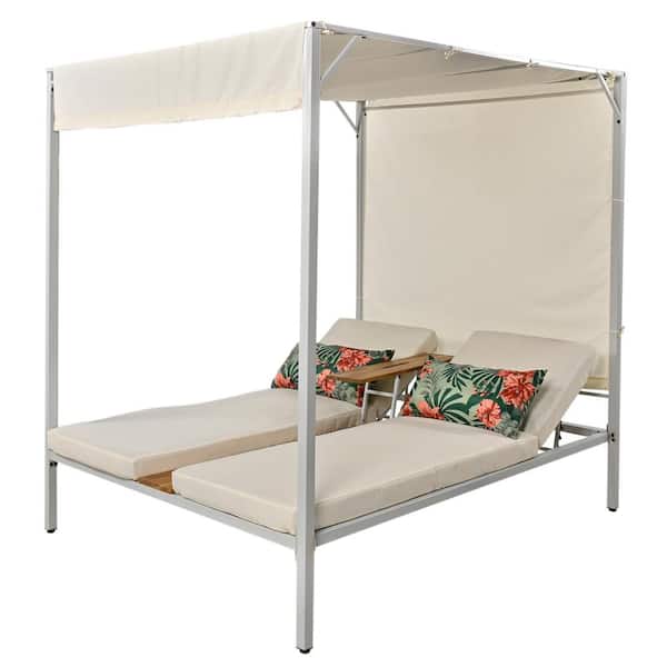 Unbranded U-Style Wood and Steel Outdoor Patio Sunbed Day Bed with Sunshade Curtains and Beige Cushions