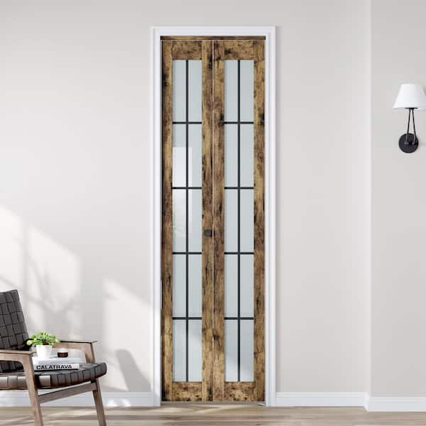 24 in. x 80 in. Full Lite Frosted Glass Brown Finished Solid MDF Bi-Fold Door with Hardware Kit