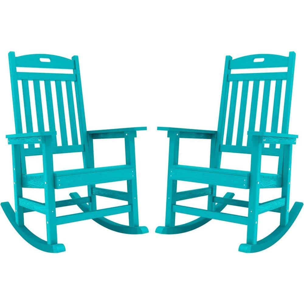 Aruba Blue Plastic Patio Outdoor Rocking Chair, Fire Pit Adirondack Rocker Chair with High Backrest(2-Pack)