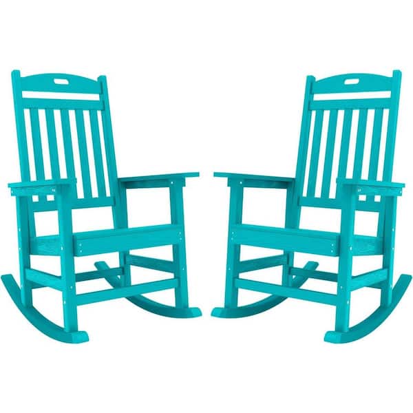 Mximu Aruba Blue Plastic Patio Outdoor Rocking Chair, Fire Pit Adirondack Rocker Chair with High Backrest(2-Pack)