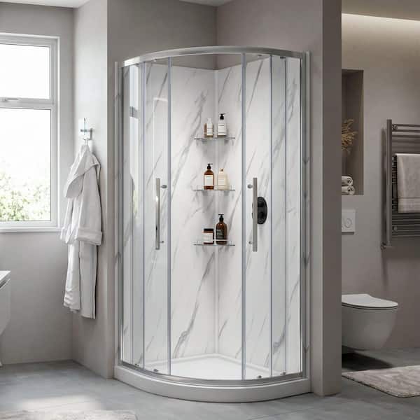 Monaco 36 in. L x 36 in. W x 75 in. H Round Corner Shower Stall/Kit with Base, Walls and Drain in Brushed Nickel