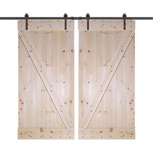 60 in. x 84 in. Unfinished Knotty Pine Wood Double Sliding Barn Door with Classic Bent Strap Black Hardware Kit