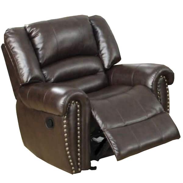 Benjara Brown Leather Glider Recliner with Nailhead Trim