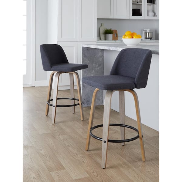 Lumisource Toriano 25.5 in. Blue Fabric, Light Grey Wood, and Black Metal Fixed-Height Counter Stool (Set of 2)