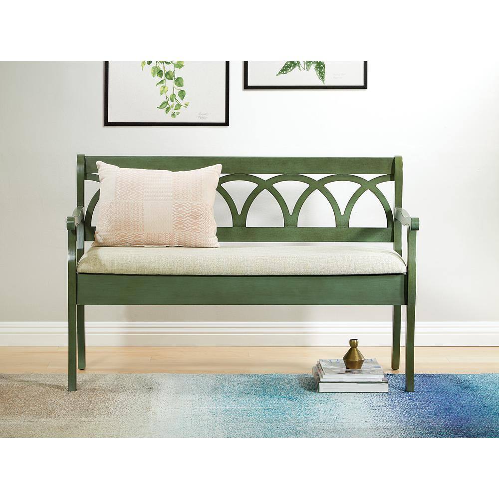 Coventry Antique Sage Entry Bench with Beige Cushion Storage