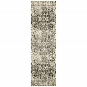 Grey Ivory and Brown 2 ft. x 8 ft. Oriental Power Loom Stain Resistant Runner Rug