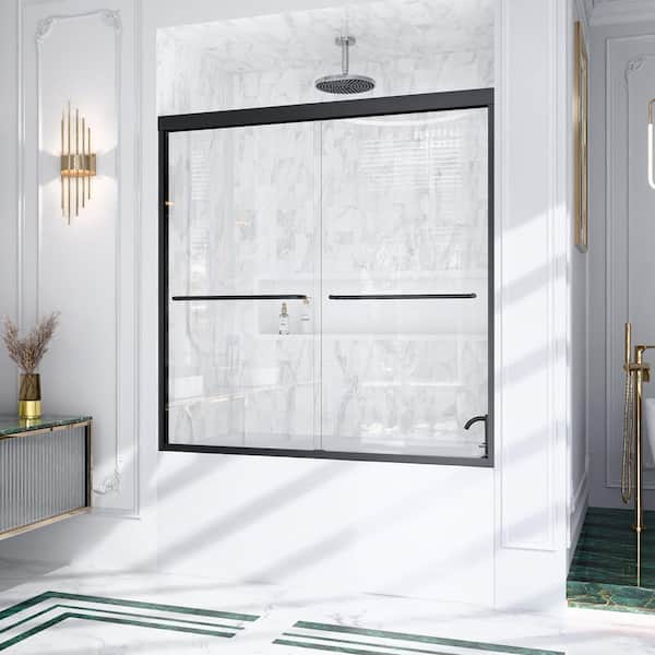 60 in. W x 60 in. H Double Sliding Framed Tub Door in Matte Black with SGCC 1/4 in. (6 mm) Tempered Clear Glass