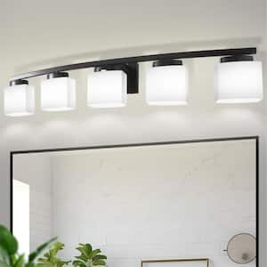 41 in. 5-Light Matte Black Modern Industrial Square Vanity Light for Bathroom with Curved Arms and Milk White Shades