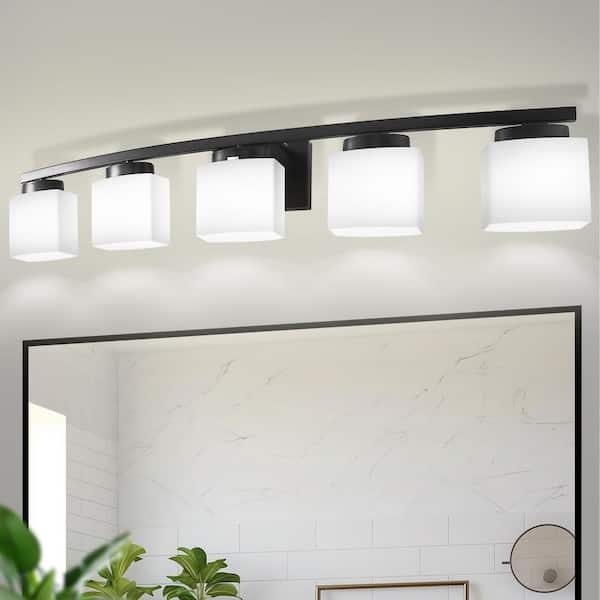 YANSUN 41 in. 5-Light Matte Black Modern Industrial Square Vanity Light for Bathroom with Curved Arms and Milk White Shades