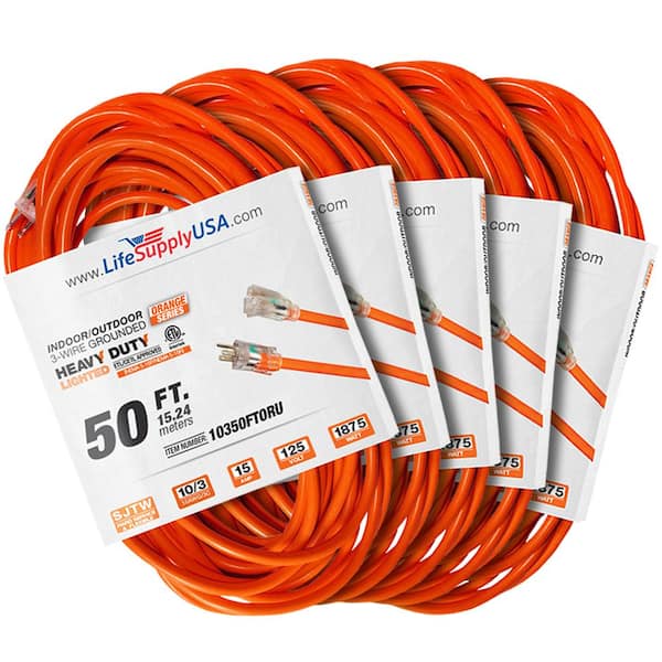 LifeSupplyUSA 50 ft. 10-Gauge/3 Conductors SJTW Indoor/Outdoor Extension Cord with Lighted End Orange (5-Pack)