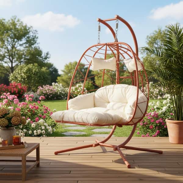 2 Person Whtie Thickened Cushions Hanging Outdoor Wicker Swing