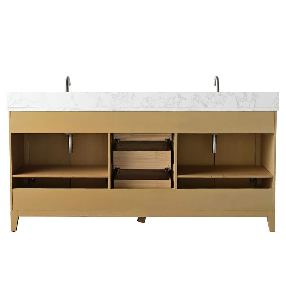 72" Natural Oak Double Sink Bathroom Vanity with Marble Top