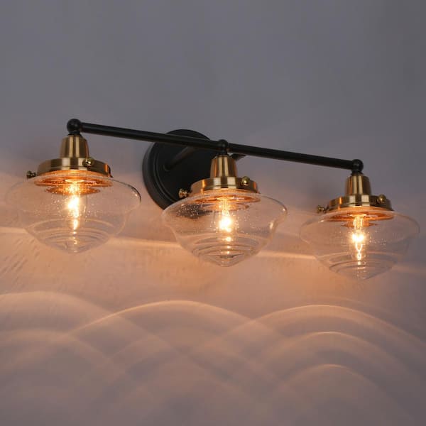 22.8 in. 3-Light Black Bathroom Vanity Light for Mirrors, Seeded Glass Bath Lighting, Industrial Brass Wall Sconce